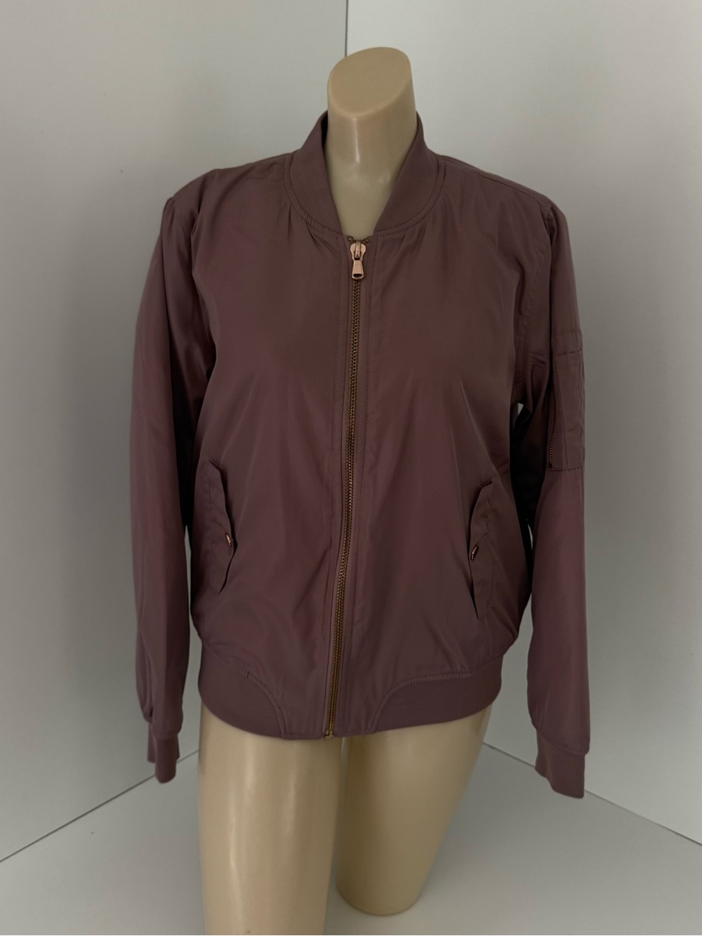 Ci Sono Original Womens Mauve Pink Zip Bomber Jacket Coat Pocket Gold Accent M